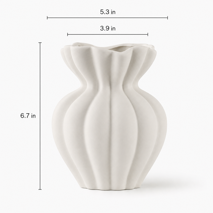 White Sculptural Ceramic Vase – Modern Ribbed Decorative Flower Vase for Living Room, Table & Home Décor
