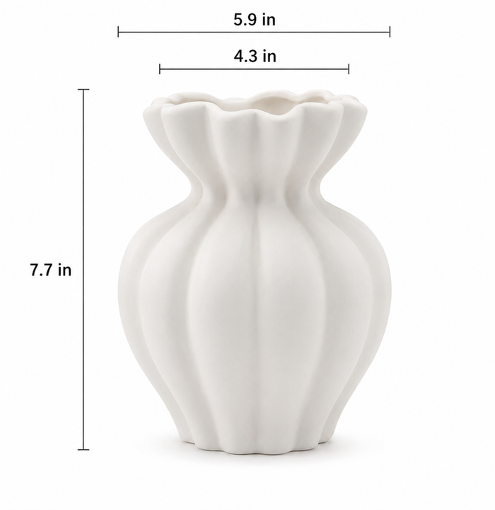 White Sculptural Ceramic Vase – Modern Ribbed Decorative Flower Vase for Living Room, Table & Home Décor