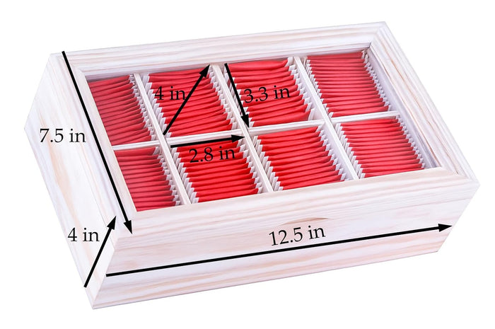 White Whale Tea Box Storage Natural Tea Chest Tea Bag Holder 8 Adjustable Tea Chest Compartments with Glass Window