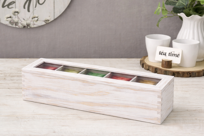 White Whale Wooden Tea Box Storage Natural Tea Chest Tea Bag Holder 5 Adjustable Tea Chest Compartments with Glass Window