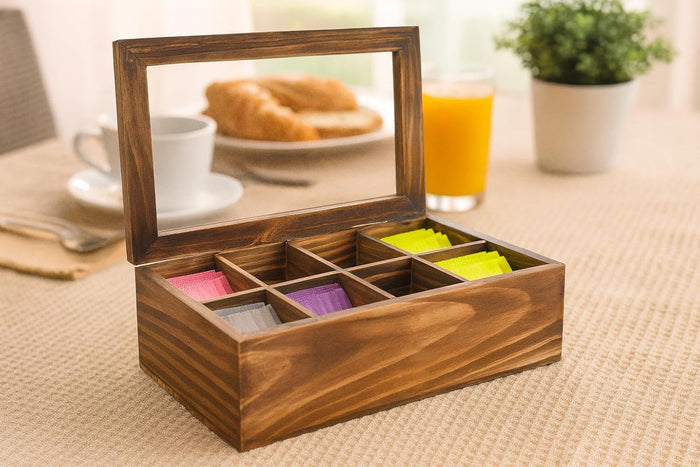 White Whale Wooden Tea Box Storage Natural Tea Chest Tea Bag Holder 8 Adjustable Tea Chest Compartments with Glass Window