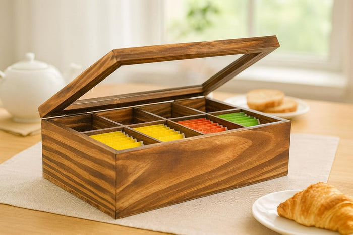 White Whale Wooden Tea Box Storage Natural Tea Chest Tea Bag Holder 8 Adjustable Tea Chest Compartments with Glass Window