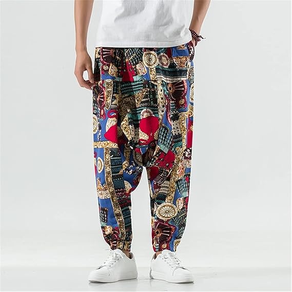 Whitewhale Mens Cotton Printed Harem Pants Pockets Yoga Trousers Hippie