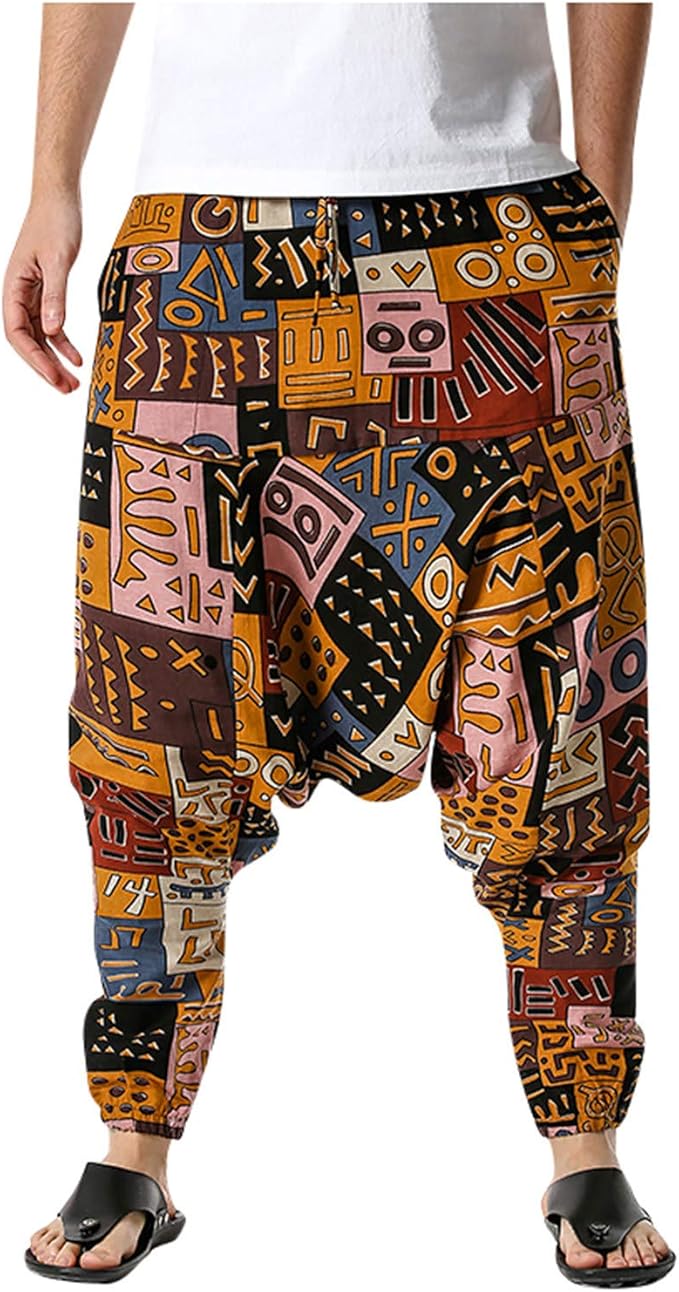 Whitewhale Mens Cotton Printed Harem Pants Pockets Yoga Trousers Hippie