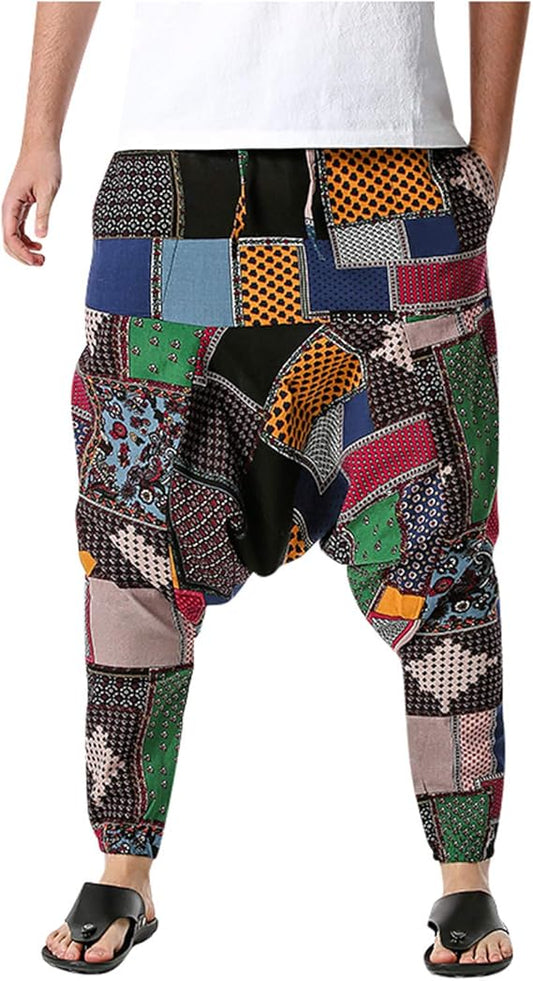 Whitewhale Mens Cotton Printed Harem Pants Pockets Yoga Trousers Hippie