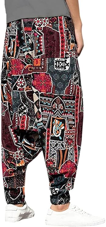 Whitewhale Mens Cotton Printed Harem Pants Pockets Yoga Trousers Hippie