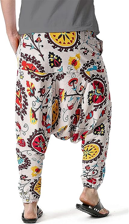 Whitewhale Mens Cotton Printed Harem Pants Pockets Yoga Trousers Hippie