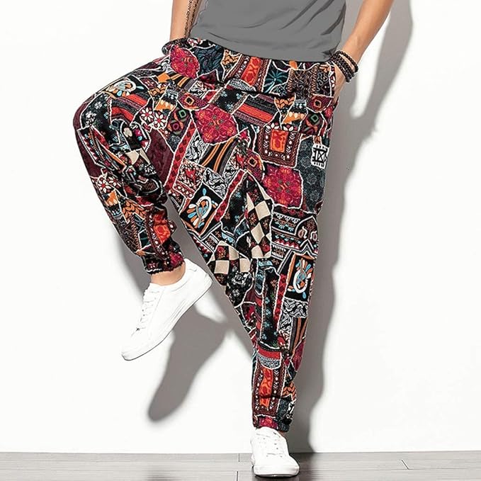 Whitewhale Mens Cotton Printed Harem Pants Pockets Yoga Trousers Hippie
