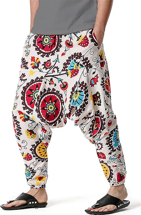 Whitewhale Mens Cotton Printed Harem Pants Pockets Yoga Trousers Hippie