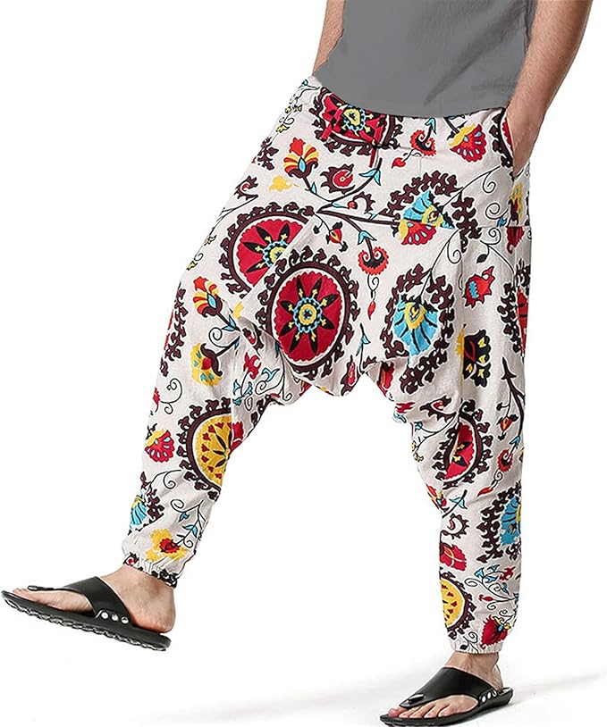 Whitewhale Mens Cotton Printed Harem Pants Pockets Yoga Trousers Hippie