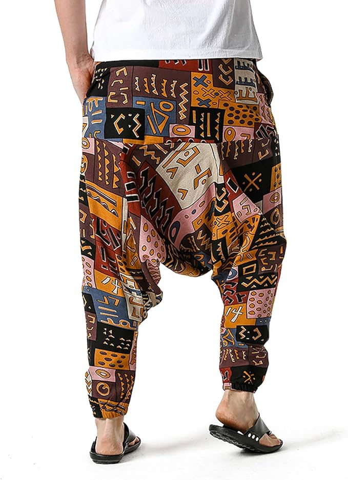 Whitewhale Mens Cotton Printed Harem Pants Pockets Yoga Trousers Hippie