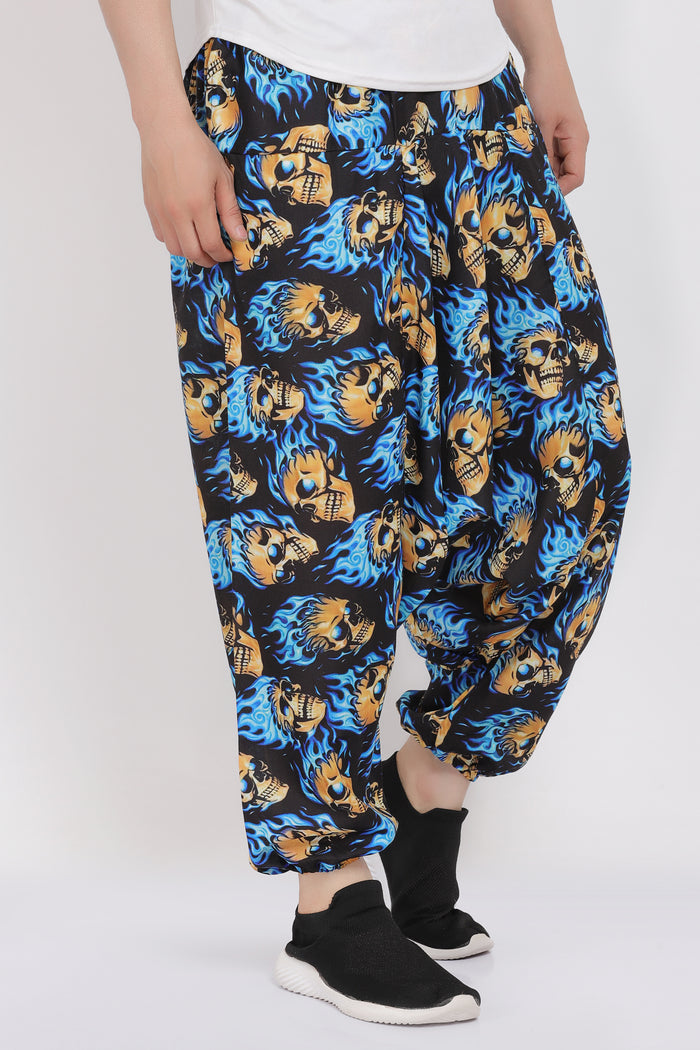Whitewhale Mens Cotton Skull Printed Harem Pants Pockets Yoga Trousers Hippie