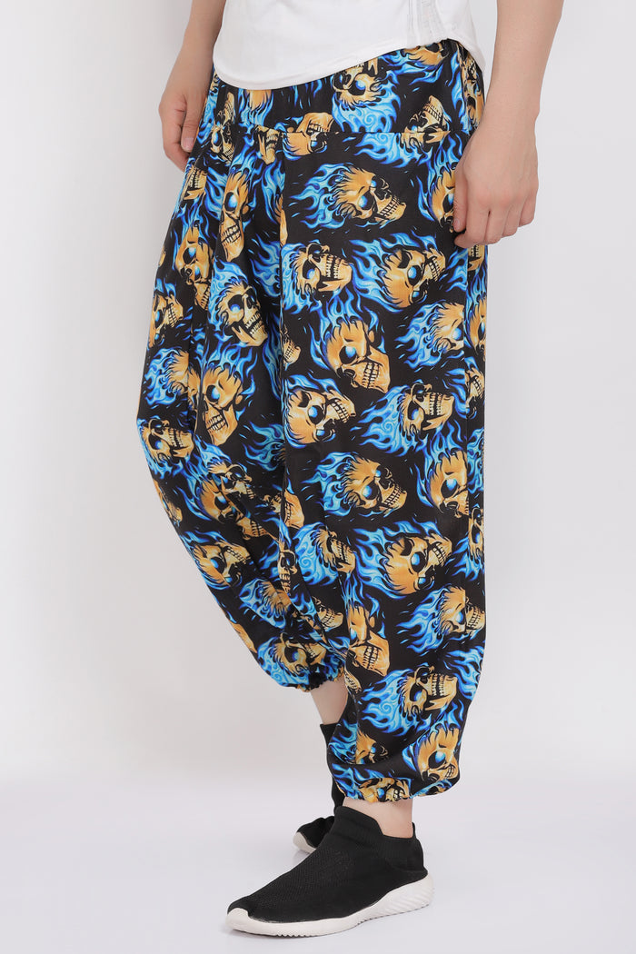 Whitewhale Mens Cotton Skull Printed Harem Pants Pockets Yoga Trousers Hippie