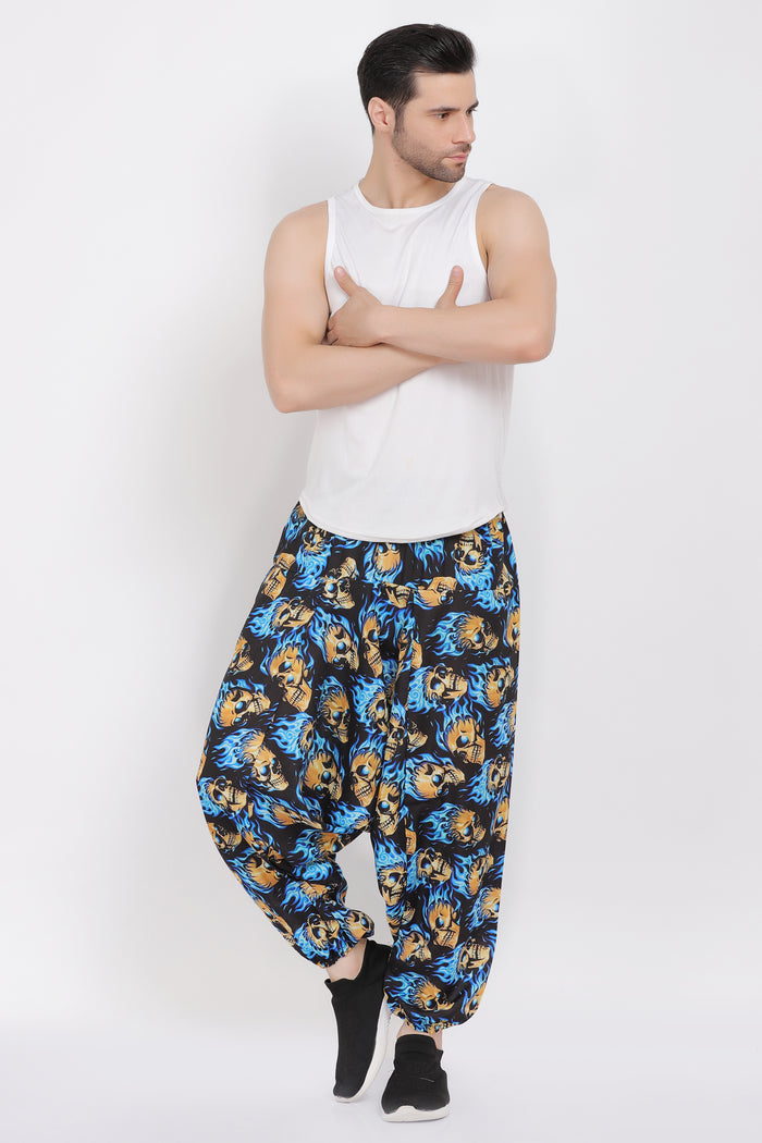Whitewhale Mens Cotton Skull Printed Harem Pants Pockets Yoga Trousers Hippie