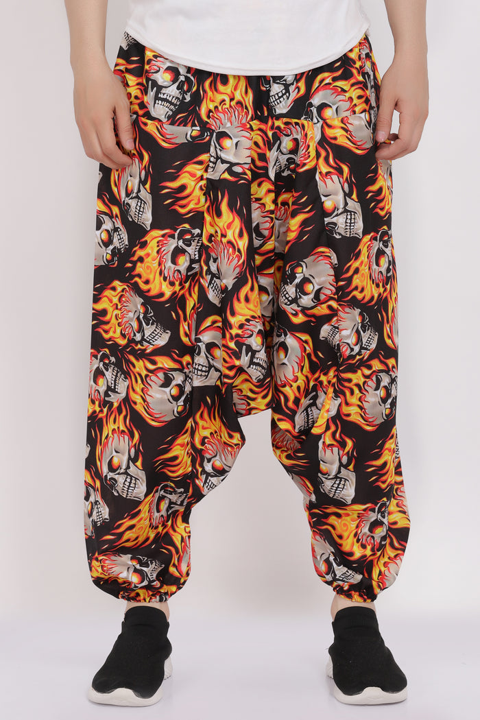 Whitewhale Mens Cotton Skull Printed Harem Pants Pockets Yoga Trousers Hippie