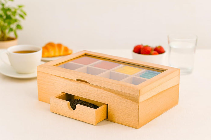 Whitewhale Wooden Tea Box Storage Natural Tea Chest Tea Bag Holder with Glass Window