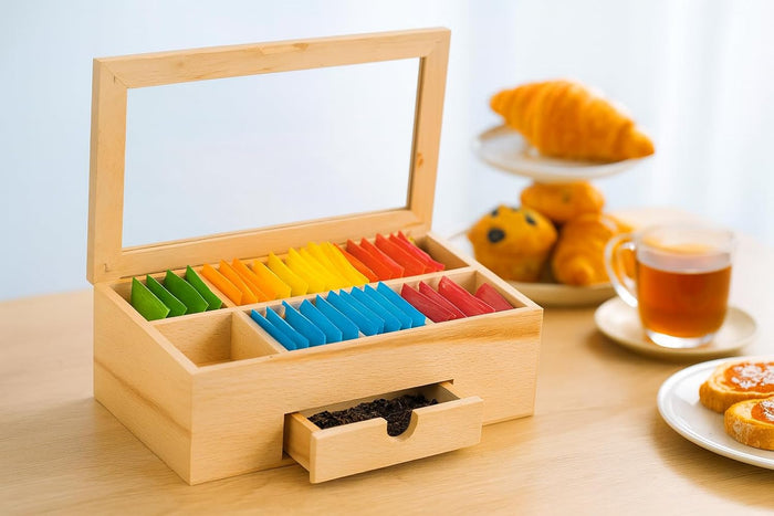 Whitewhale Wooden Tea Box Storage Natural Tea Chest Tea Bag Holder with Glass Window