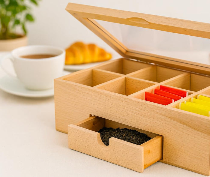 Whitewhale Wooden Tea Box Storage Natural Tea Chest Tea Bag Holder with Glass Window