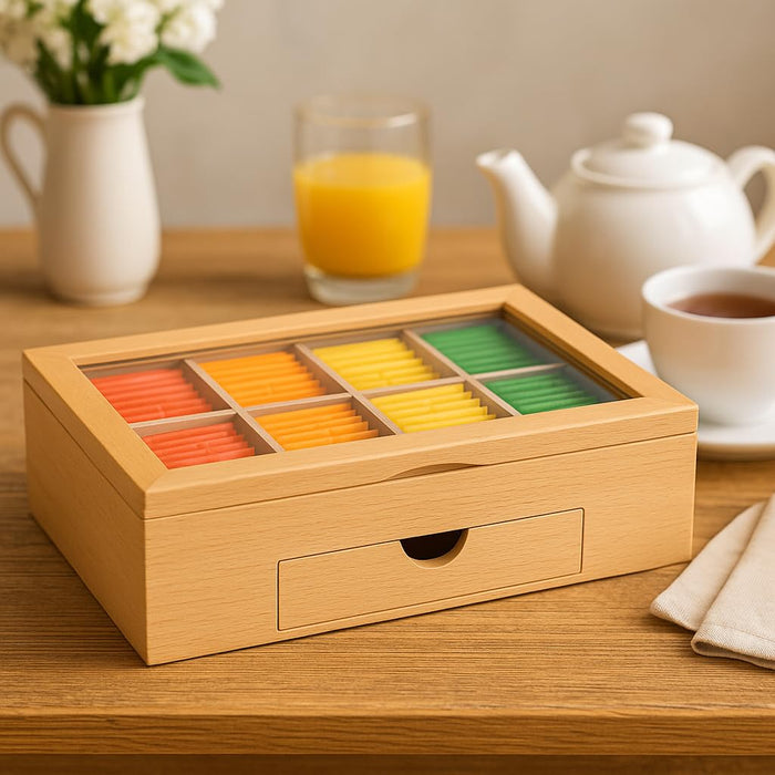 Whitewhale Wooden Tea Box Storage Natural Tea Chest Tea Bag Holder with Glass Window