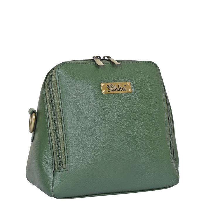 Women's olive green leather crossbody sling bag for work, travel, and daily use-half side view
