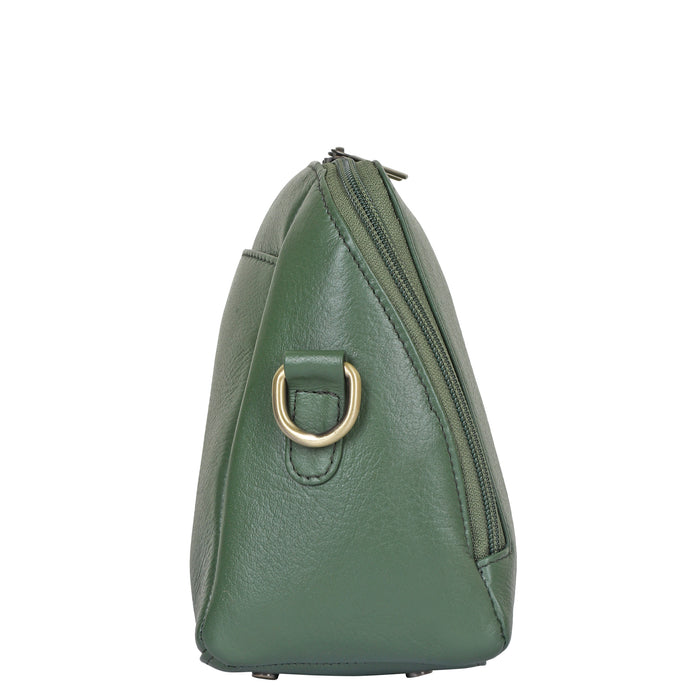 Women's olive green leather crossbody sling bag for work, travel, and daily use-side view
