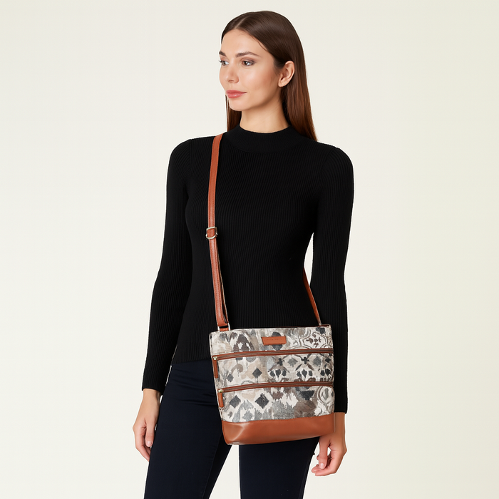 Women’s abstract tapestry vegan‑leather compact crossbody sling bag for everyday use, travel, work, and casual outings — Canada & USA-model image