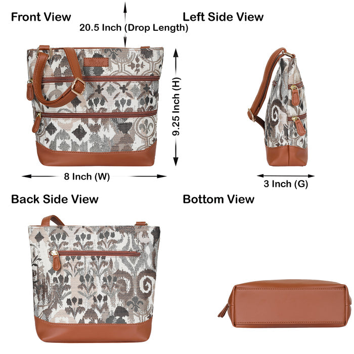Women’s abstract tapestry vegan‑leather compact crossbody sling bag for everyday use, travel, work, and casual outings — Canada & USA- infographic image