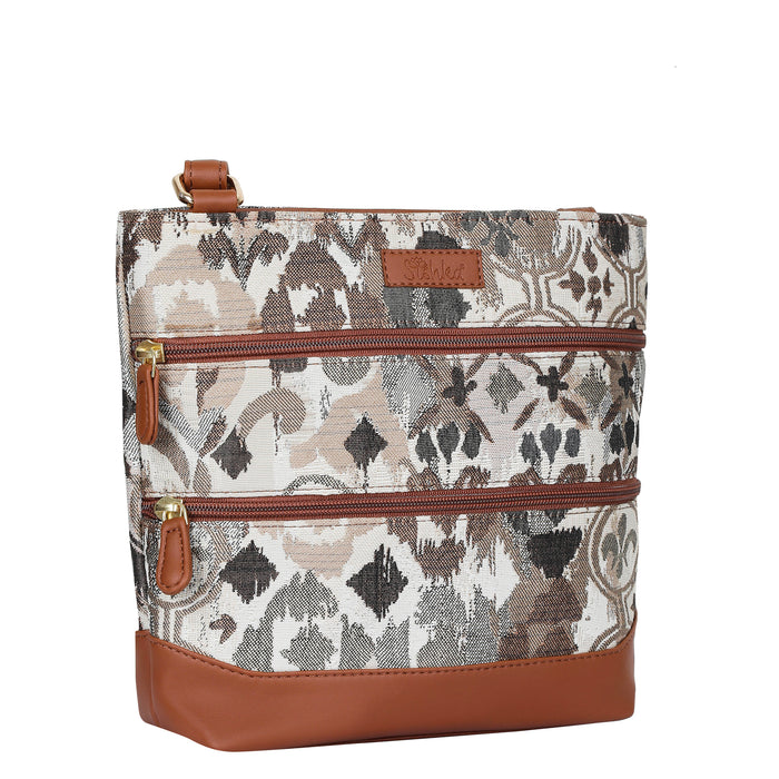Women’s abstract tapestry vegan‑leather compact crossbody sling bag for everyday use, travel, work, and casual outings — Canada & USA-half side view