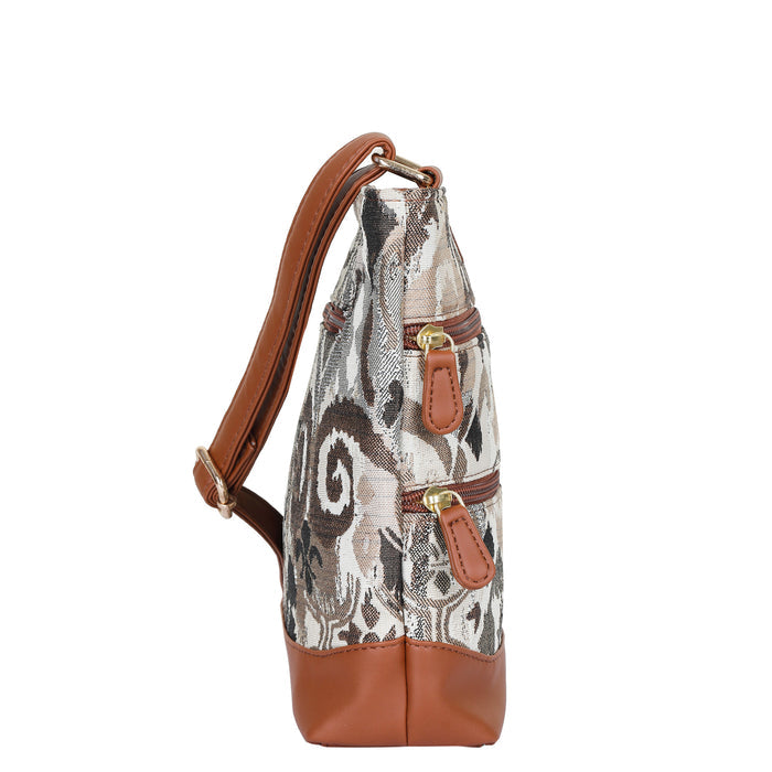 Women’s abstract tapestry vegan‑leather compact crossbody sling bag for everyday use, travel, work, and casual outings — Canada & USA-side view