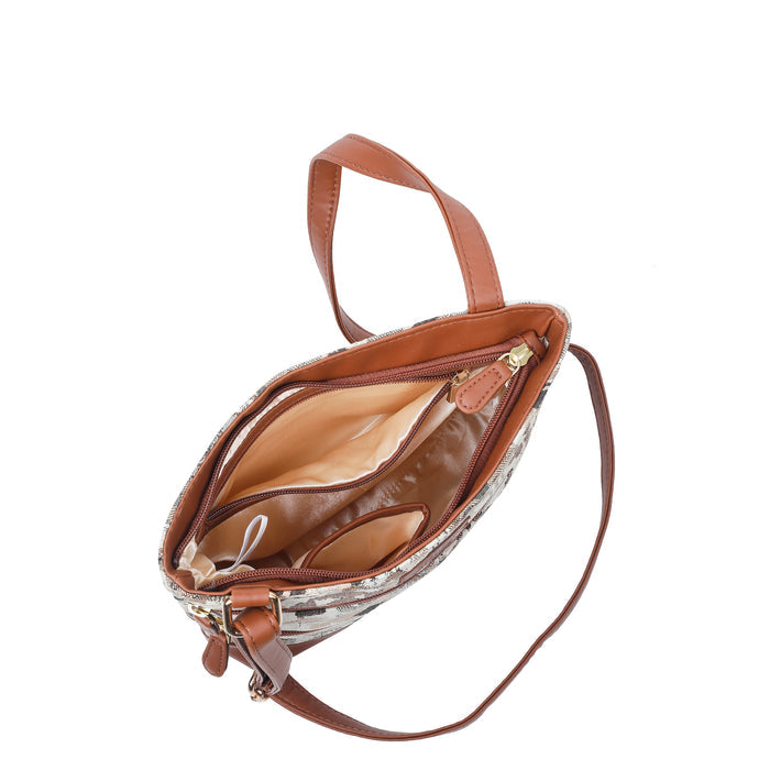 Women’s abstract tapestry vegan‑leather compact crossbody sling bag for everyday use, travel, work, and casual outings — Canada & USA-interior image