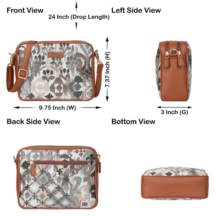 Women’s abstract tapestry vegan‑leather compact crossbody sling bag for everyday, travel, and casual outings — Canada & USA- infographic image