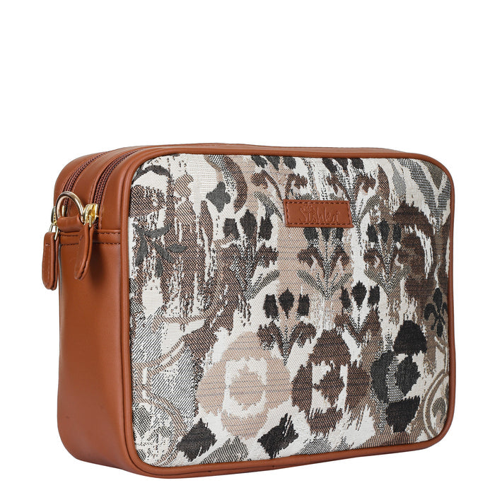 Women’s abstract tapestry vegan‑leather compact crossbody sling bag for everyday, travel, and casual outings — Canada & USA-half side view