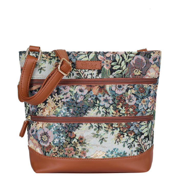 Women’s botanical tapestry vegan‑leather compact crossbody sling bag for everyday use, travel, work, and casual outings — Canada & USA