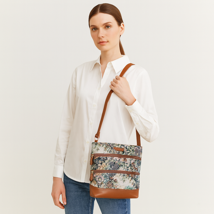Women’s botanical tapestry vegan‑leather compact crossbody sling bag for everyday use, travel, work, and casual outings — Canada & USA-model image