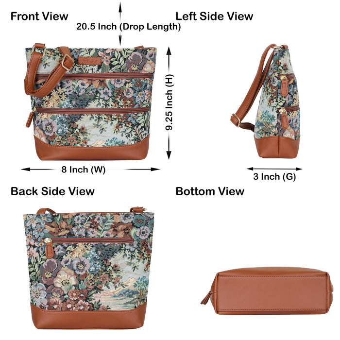 Women’s botanical tapestry vegan‑leather compact crossbody sling bag for everyday use, travel, work, and casual outings — Canada & USA-infographic image