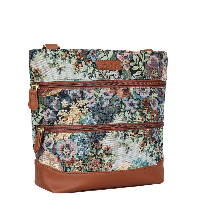 Women’s botanical tapestry vegan‑leather compact crossbody sling bag for everyday use, travel, work, and casual outings — Canada & USA-half side view