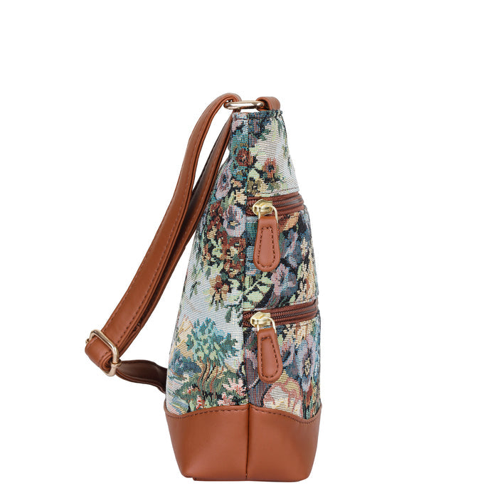 Women’s botanical tapestry vegan‑leather compact crossbody sling bag for everyday use, travel, work, and casual outings — Canada & USA-side view