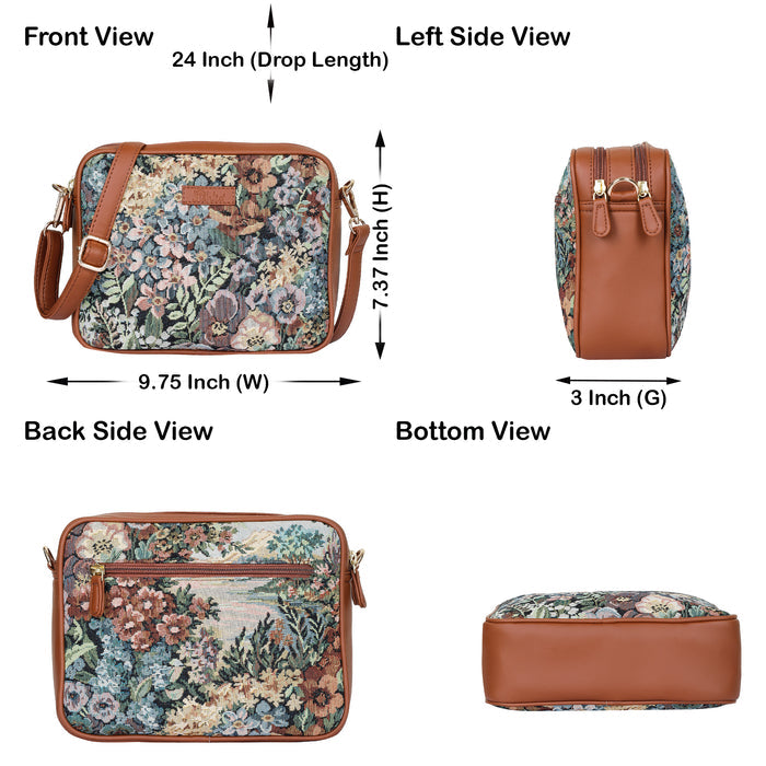 Women’s botanical tapestry vegan‑leather compact crossbody sling bag for everyday, travel, and casual outings — Canada & USA-infographic image