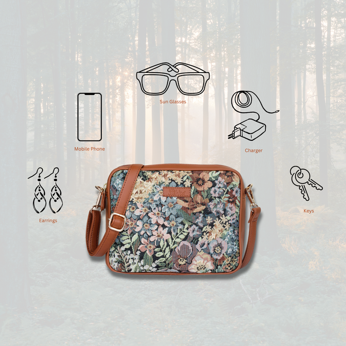 Women’s botanical tapestry vegan‑leather compact crossbody sling bag for everyday, travel, and casual outings — Canada & USA-feature view