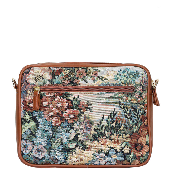Women’s botanical tapestry vegan‑leather compact crossbody sling bag for everyday, travel, and casual outings — Canada & USA-back view