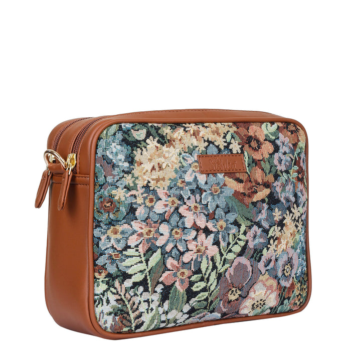 Women’s botanical tapestry vegan‑leather compact crossbody sling bag for everyday, travel, and casual outings — Canada & USA-half side view