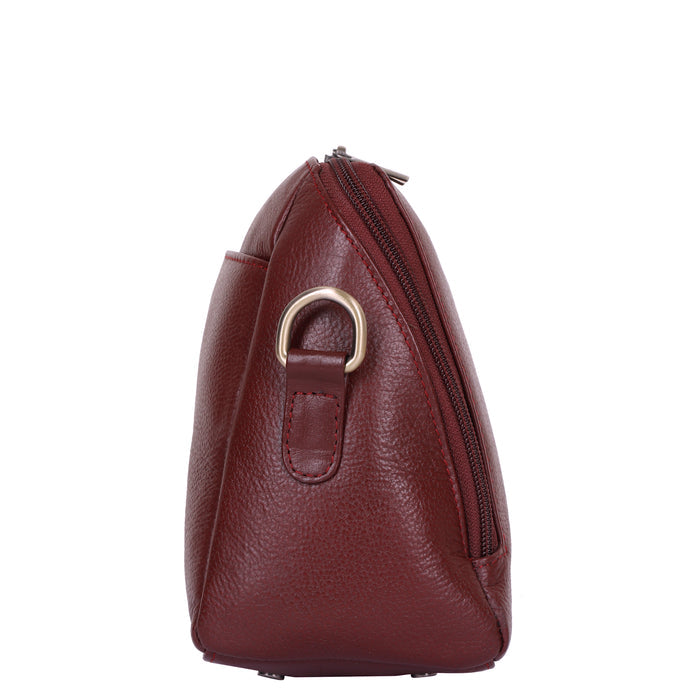 Women's cherry red leather crossbody sling bag for work, travel, and daily use-side view
