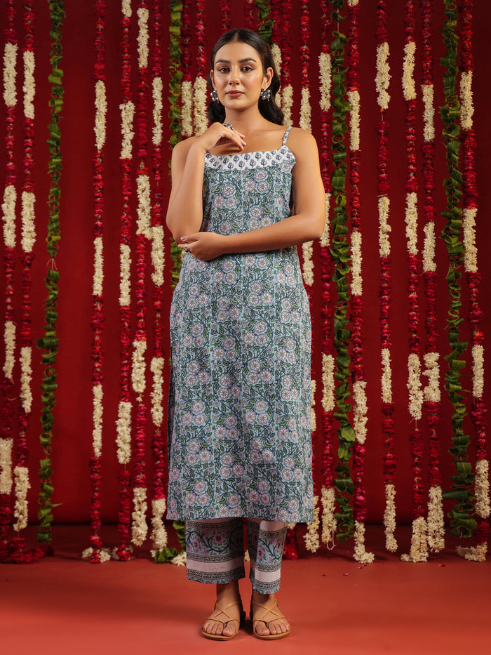 Women's Designer Blue Printed Cotton Suit Set