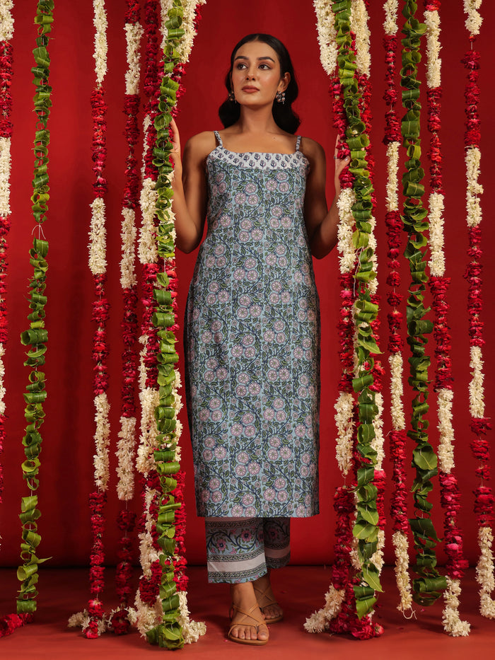 Women's Designer Blue Printed Cotton Suit Set