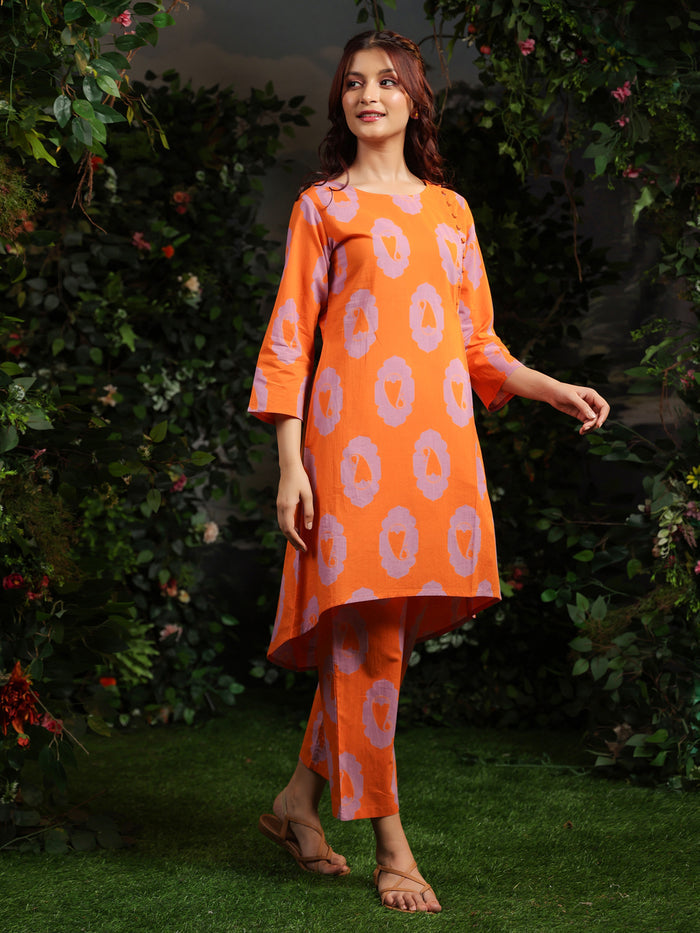 Women's Designer Orange Printed Cotton Suit Set