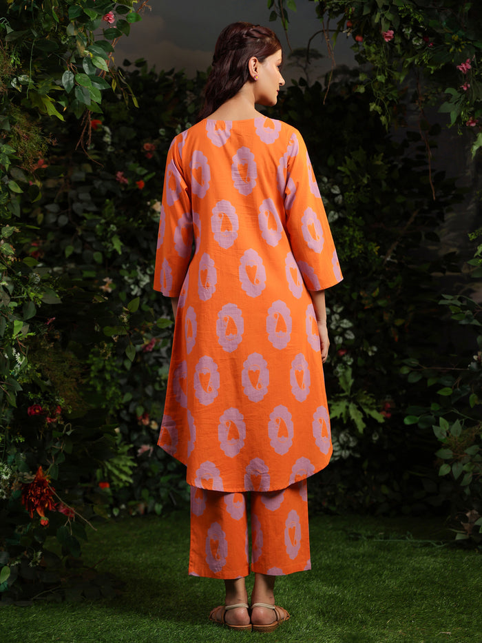 Women's Designer Orange Printed Cotton Suit Set
