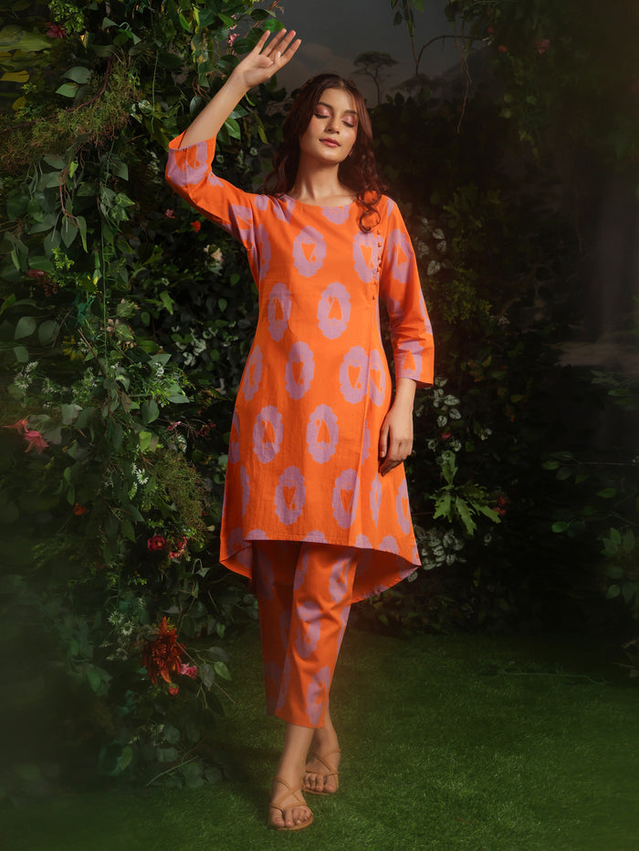 Women's Designer Orange Printed Cotton Suit Set