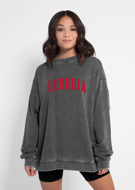 Georgia Bulldogs Unisex Charcoal Oversized Burnout fleece Sweatshirt with Ribbed crew neckline, cuffs, hem, dropped shoulders and relaxed bottom hem