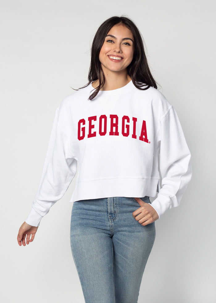 Georgia Bulldogs Women's White Relaxed Premium cotton corded fleece Sweatshirt with Super soft hand feel, vintage wash, side slits and ribbed crew neckline, cuffs, and hemline