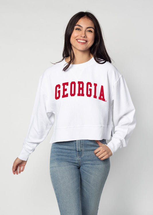 Georgia Bulldogs Women's White Relaxed Premium cotton corded fleece Sweatshirt with Super soft hand feel, vintage wash, side slits and ribbed crew neckline, cuffs, and hemline